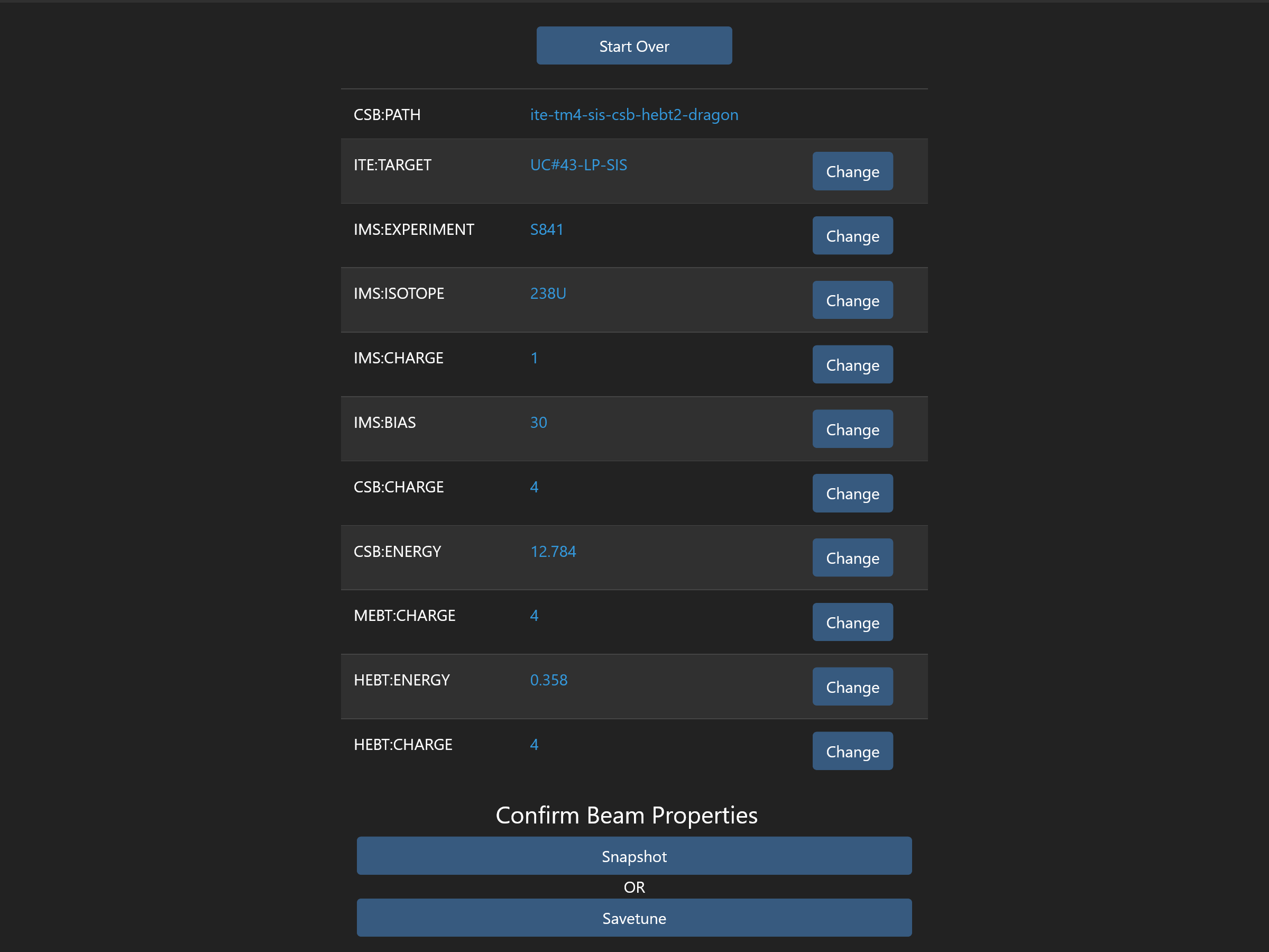 Beam properties selection